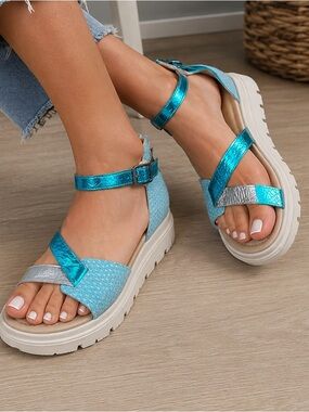 Casta Metallic Turquoise & Silver Platform Sandals | Chunky Lug Sole | EU 37